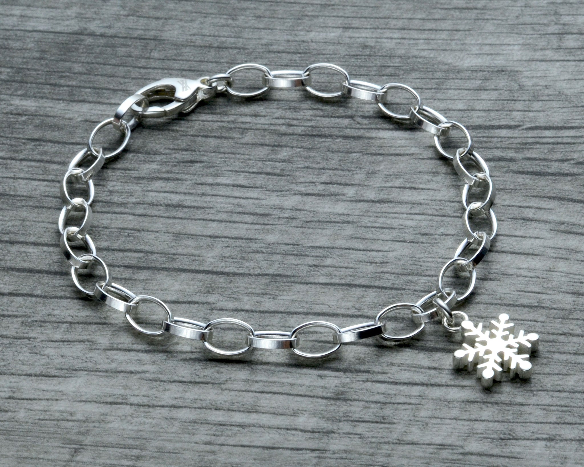 6.5”, sterling 925 silver circle link charm bracelet snowflake charm  diamond | eBay